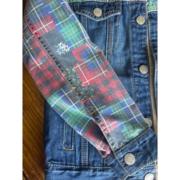 GAP Girls Patchwork Denim Jacket Floral Plaid Jean Coat Size Medium - Picture 3 of 9